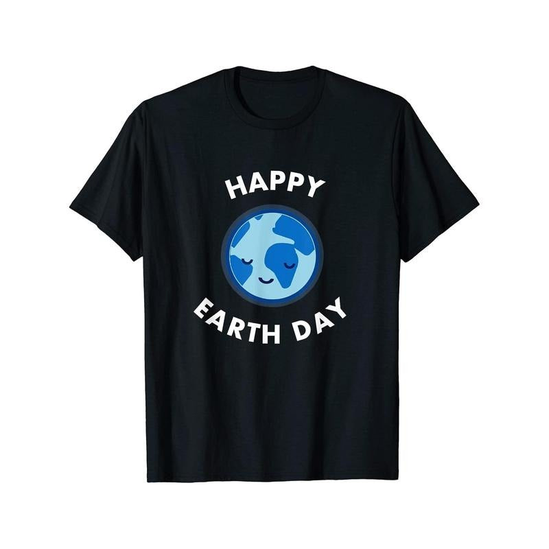 Happy Earth Day  T-Shirt - 180G 100% Cotton, Round Neck Short-Sleeve, Black - Ideal Christmas Gift Sizes Printed, Earth...