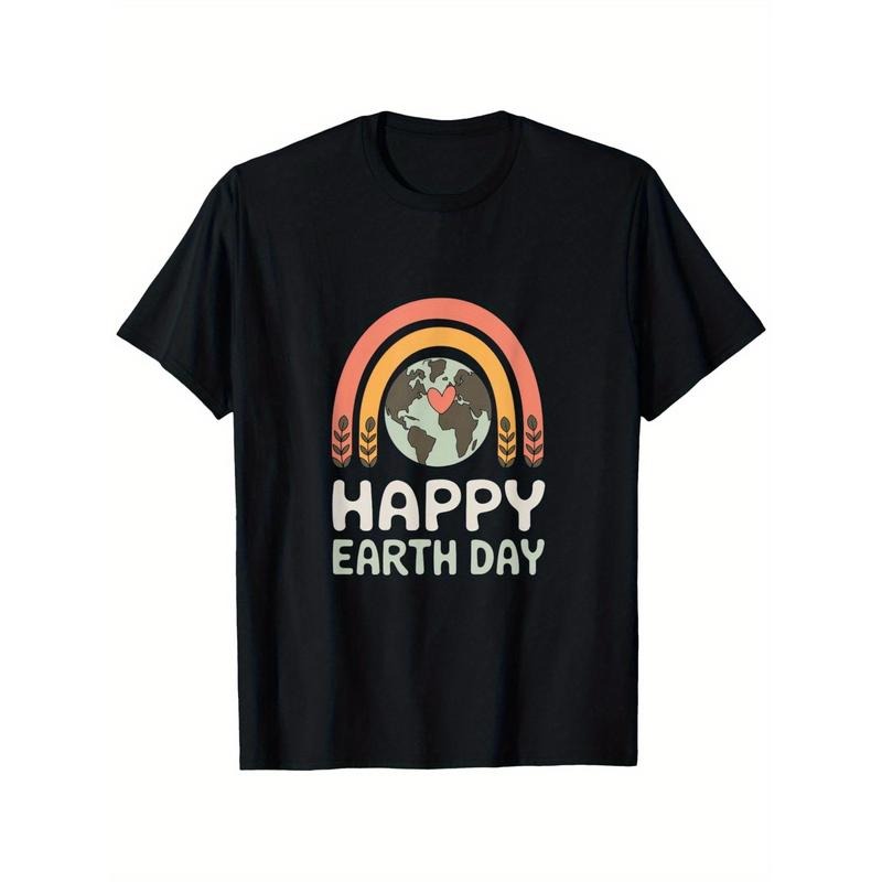 Happy Earth Day 2025 Rainbow Graphic Cotton T-Shirt - Black Short Sleeve Casual Street Style Tee with High-Quality...