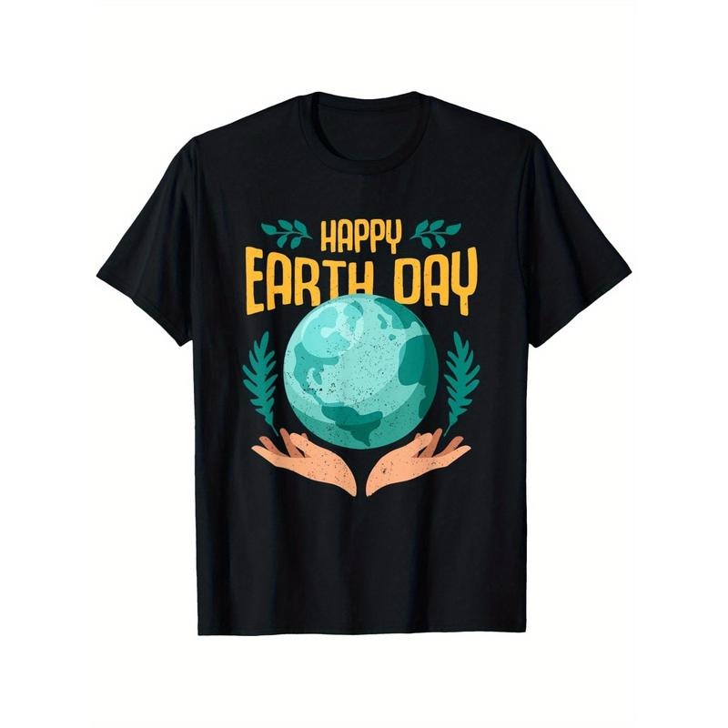 Happy Earth Day Print T-Shirt - 100% Cotton, Black, High-Quality Casual Crew Neck Tee with Earth & Hands Design, Perfect...