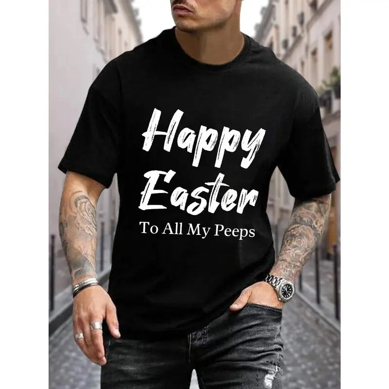 Happy Easter Letter Print Men's Casual Short Sleeve Crew Neck T-shirt, Summer Holiday Made in USA Hoodie, Sweatshirt