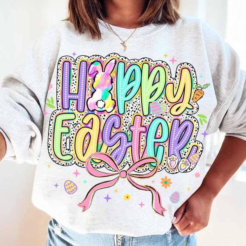 Happy Easter Sweatshirt Brushstroke Bunny Coquette Bow Retro Easter Preppy Dalmatian Dots T-Shirts, Hoodie