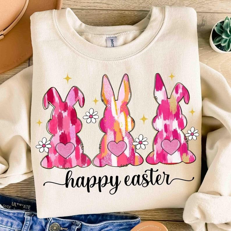 Happy Easter Sweatshirt Easter Coquette Bunny Retro Easter Brushstroke Girls Easter T-Shirts, Hoodie | UrbanDripWear.com