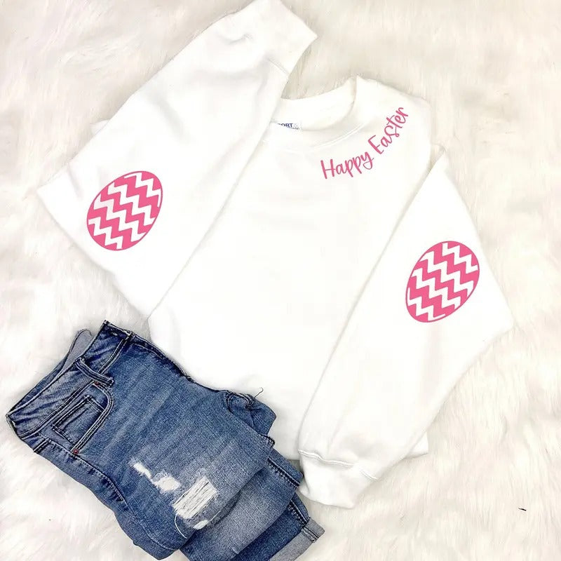 Happy Easter Sweatshirt for Women, Easter Crewneck, Easter Egg Elbow Patches Sweatshirt, Armpatch Sweatshirt, Easter...