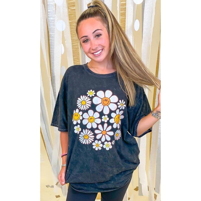 Happy Flowers Mineral Washed Graphic Shirt Hoodie, Sweatshirt | UrbanDripWear.com