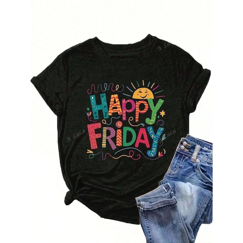 Happy Friday Print Plus Size T-Shirt for Women - Black Casual Short Sleeve Tee with Round Neck & Slogan Pattern