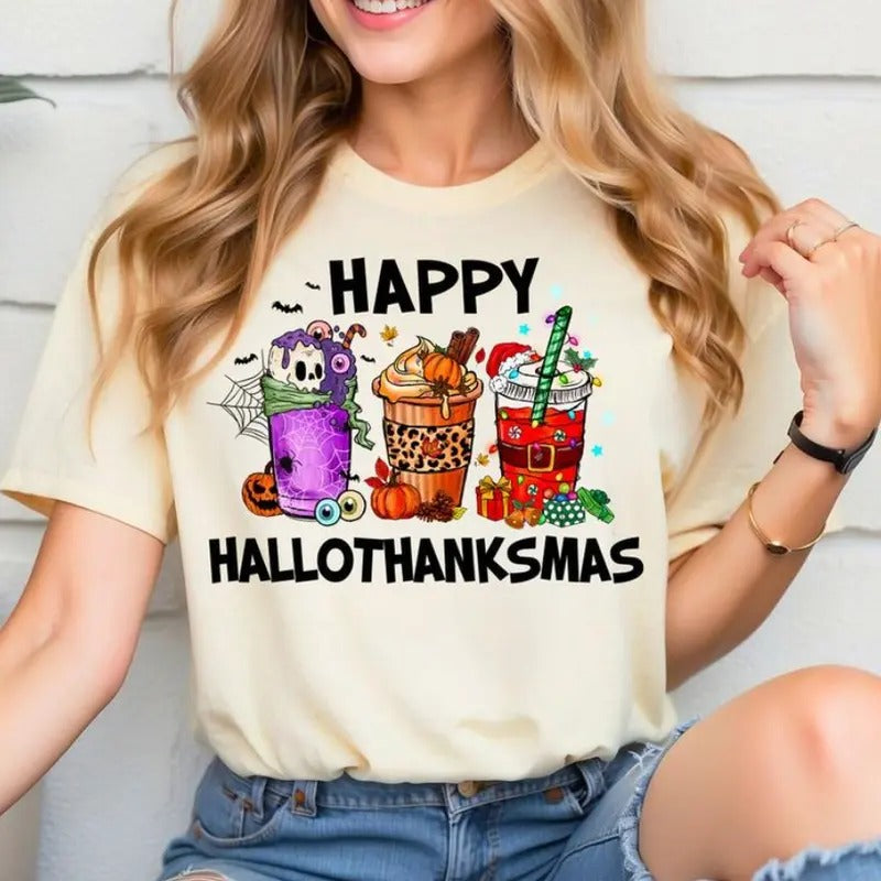 Happy HalloThanksMas Coffe Shirt - Sweatshirt - Hoodie, Funny Gnome Sweatshirt, Cute Drinking T-shirt, Women Christmas...
