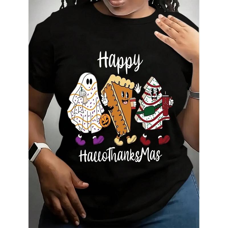 Happy HalloThanksMas Shirt Women's Black Cotton Casual Short Sleeve Round Neck Tee for Holiday Season Halloween...