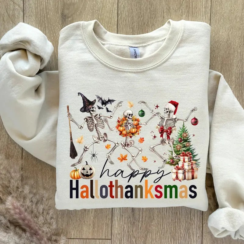 Happy Hallothanksmas Shirt - Skeleton Shirt - Happy Christmas Shirt - Holiday Season Gift - Funny Halloween Shirt
