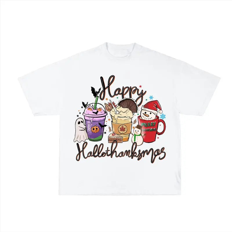 Happy Hallothanksmas Shirt , Christmas Shirt, Thanksgiving Shirt, Christmas Shirt, Coffee Pumpkin Spice Iced, Snowmen...