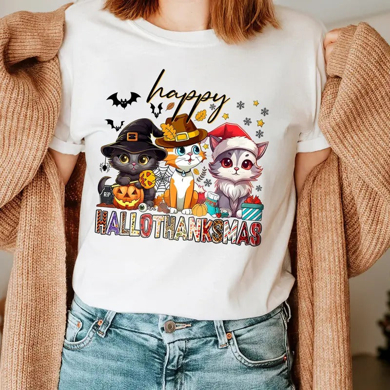 Happy Hallothanksmas Shirt,Cat Sweatshirt, Holiday Season Shirt, Halloween Shirt, Thanksgiving Shirt, Christmas Shirt Hoodie