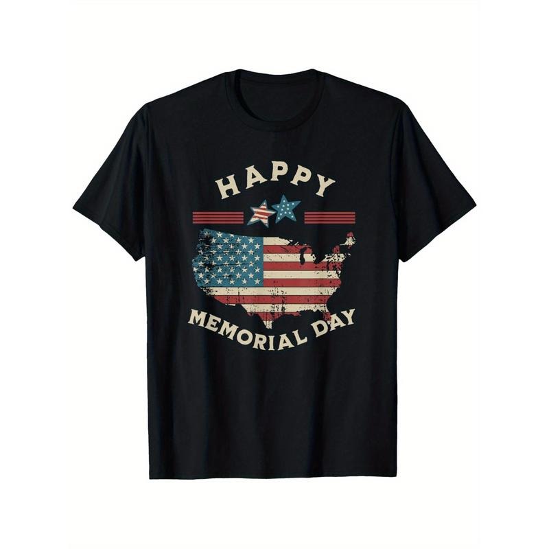 Happy Memorial Day American Flag Graphic T-Shirt - 100% Cotton, Unisex Sizes, Black Crew Neck Casual Top for Men & Women,...