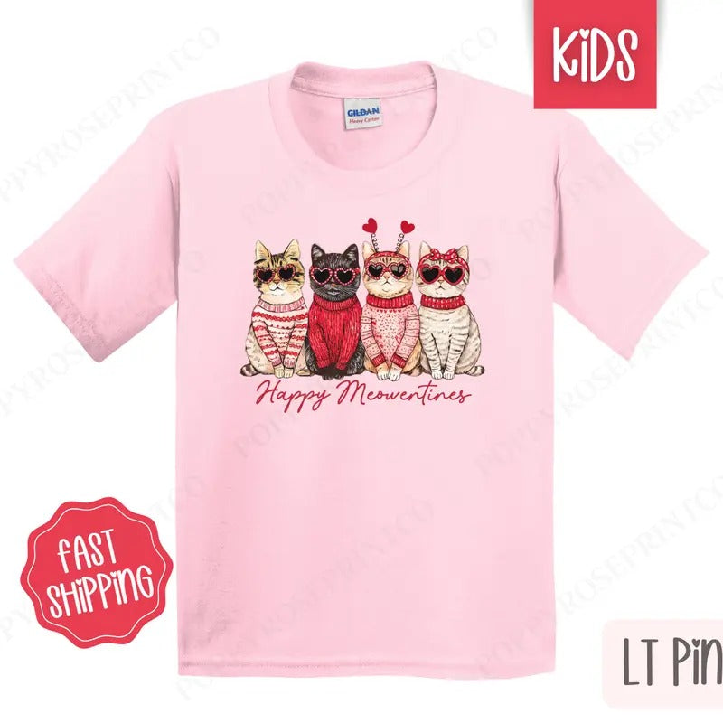 Happy Meowentines Kids Shirt - Valentine's Day Children's Tshirt - Youth CatTee Gildan