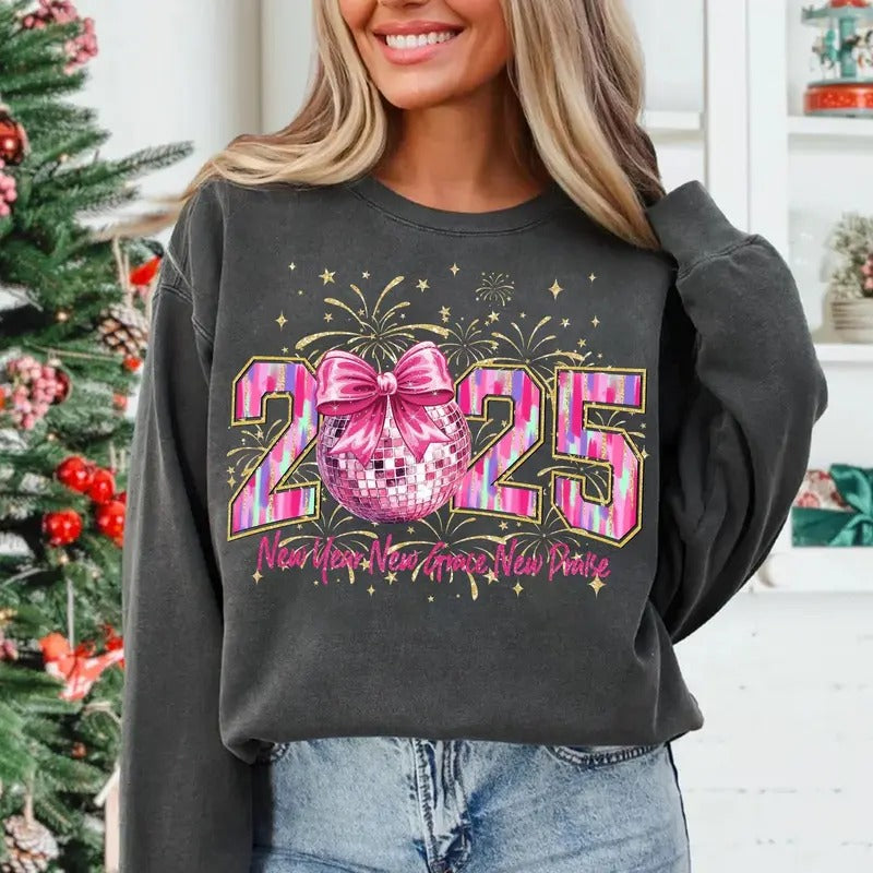 Happy New Year 2025 Crewneck Disco Ball Sweatshirt Varsity Brushstroke New Year Clothing T-Shirts, Hoodie | UrbanDripWear.com