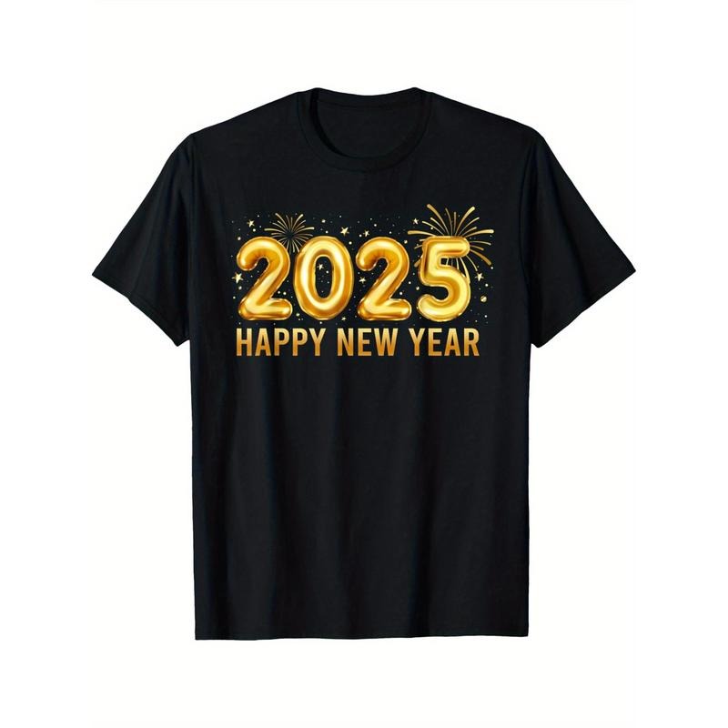 Happy New Year 2025 New Year's Eve Party Fireworks Happy Hello 2025 T-shirt Black Casual Short Sleeve Men's Sports...