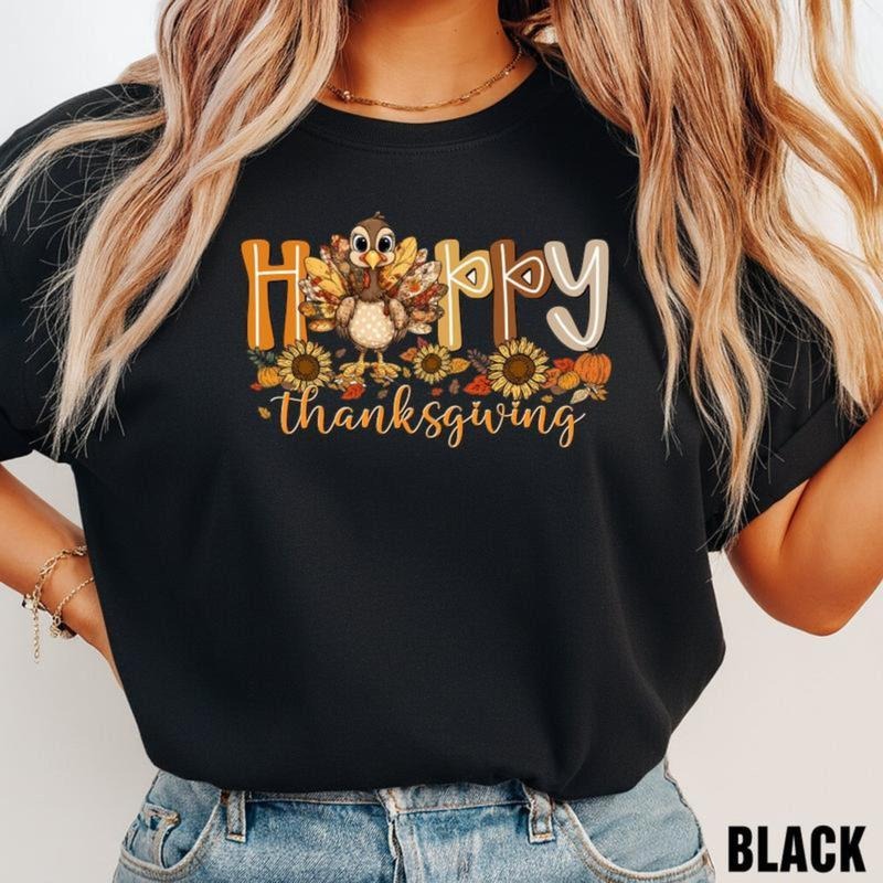 Happy Thanksgiving T-Shirt, Cute Turkey Pumpkin Pie Fall Graphic Tee, Thankful Grateful Blessed Autumn Shirt, Cozy...