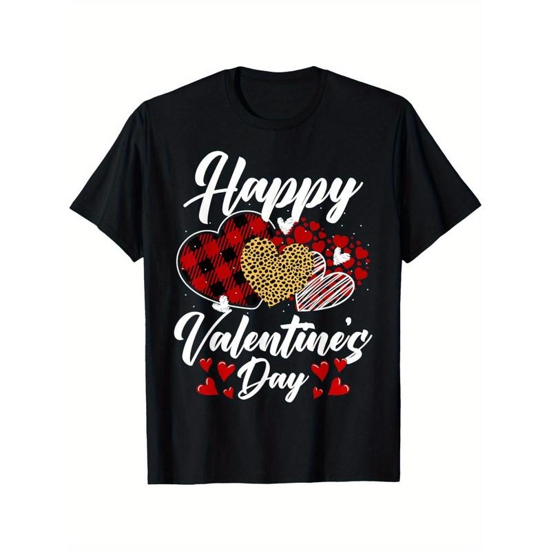 Happy Valentine'S Day Hearts with Leopard Plaid Valentine 180g Cotton T-Shirt One Side Print Short Sleeve Valentine'S Day...