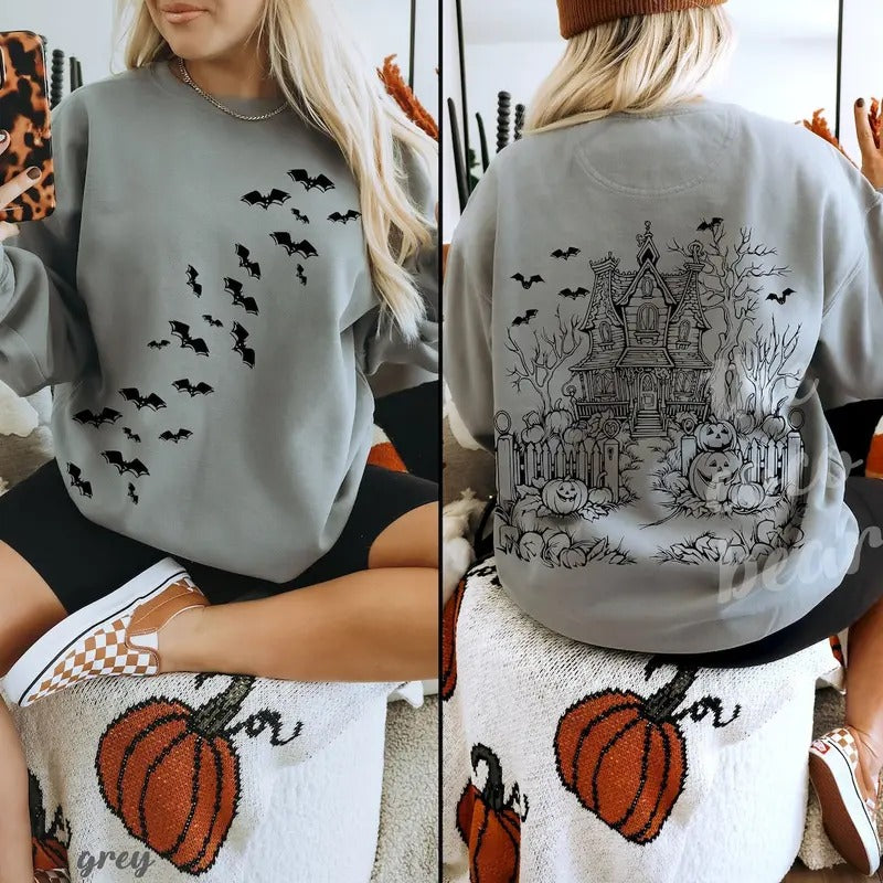 Haunted House Halloween Sweatshirt, Halloween Party Bats Crewneck Spooky Season Shirt Hoodie | UrbanDripWear.com