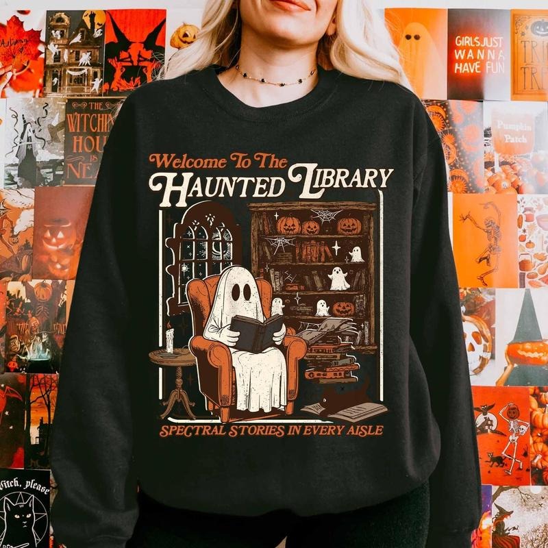Haunted Library Shirt, Retro Ghost Reading Books Sweatshirt, Reading Ghost Fall Sweater, Librarian Ghost Halloween,...