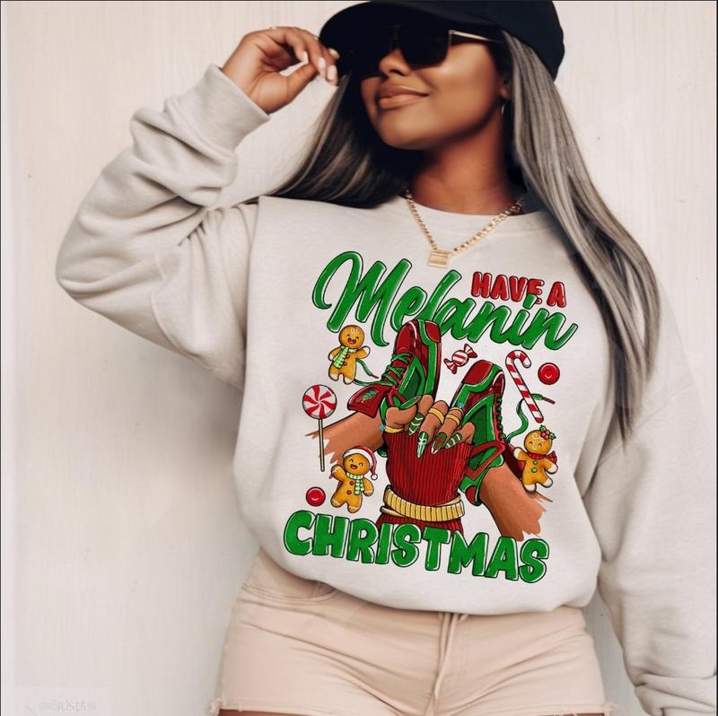 Have A Melanin Christmas Black Girl Sneakers Crewneck Sweatshirt, Black Girl Magic Sweater, Xmas Gifts for Black Women...