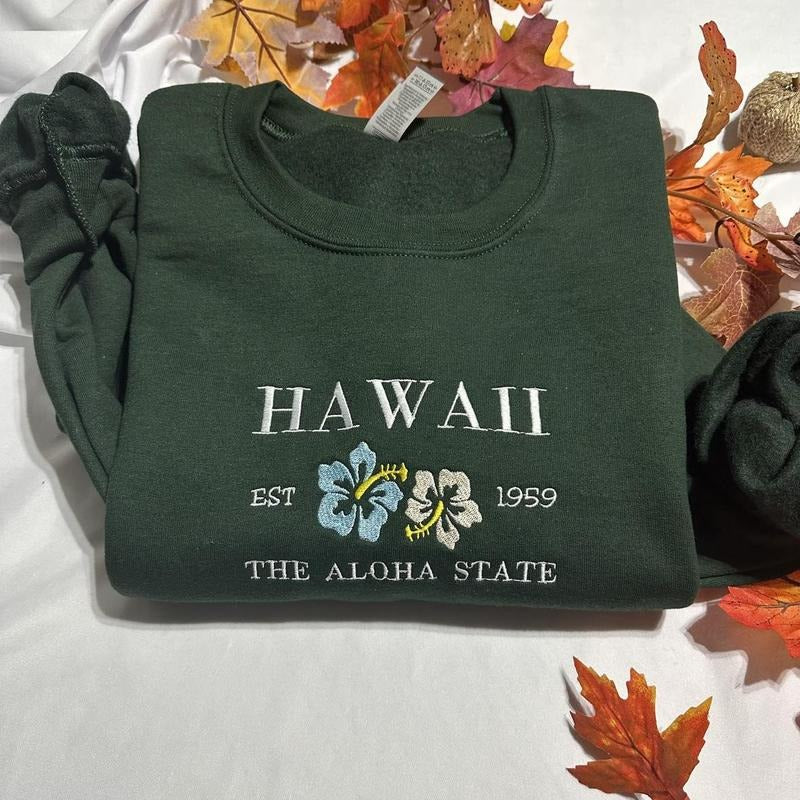 Hawaii the Aloha State Embroidered Sweatshirt - Women's Lightweight Basics T-Shirts, Hoodie | UrbanDripWear.com