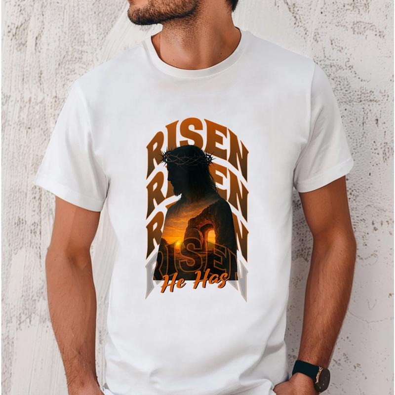 He Has Risen Sunset Christian TShirt  Pure Cotton Fabric Casual Streetstyle Crew Neck Short Sleeve T-Shirt Trendy Tops...