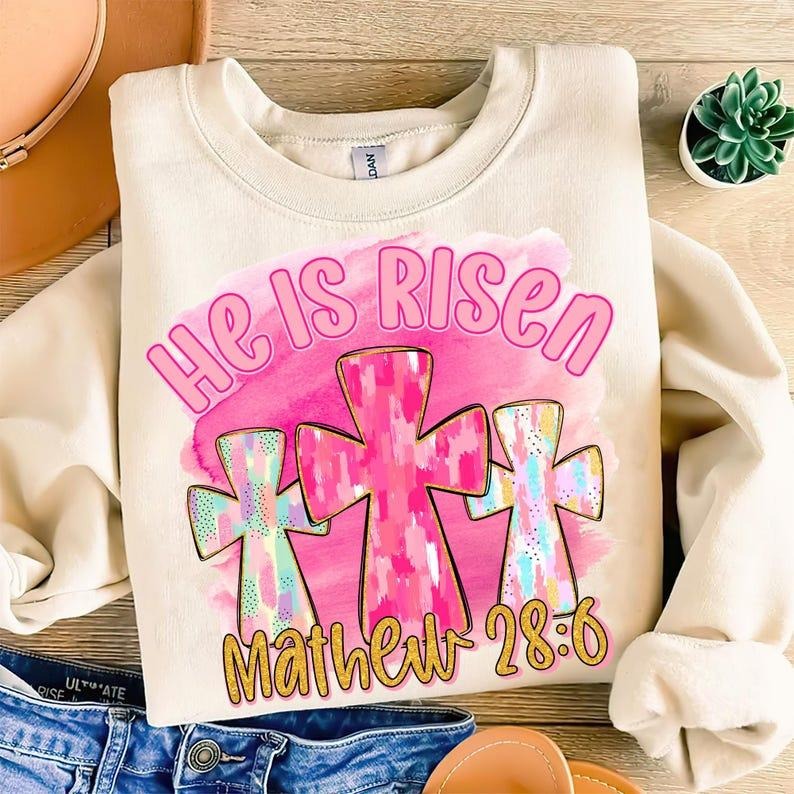 He Is Risen Sweatshirt Preppy Easter Christian Easter Coquette Bow Happy Easter Bible Verse T-Shirts, Hoodie
