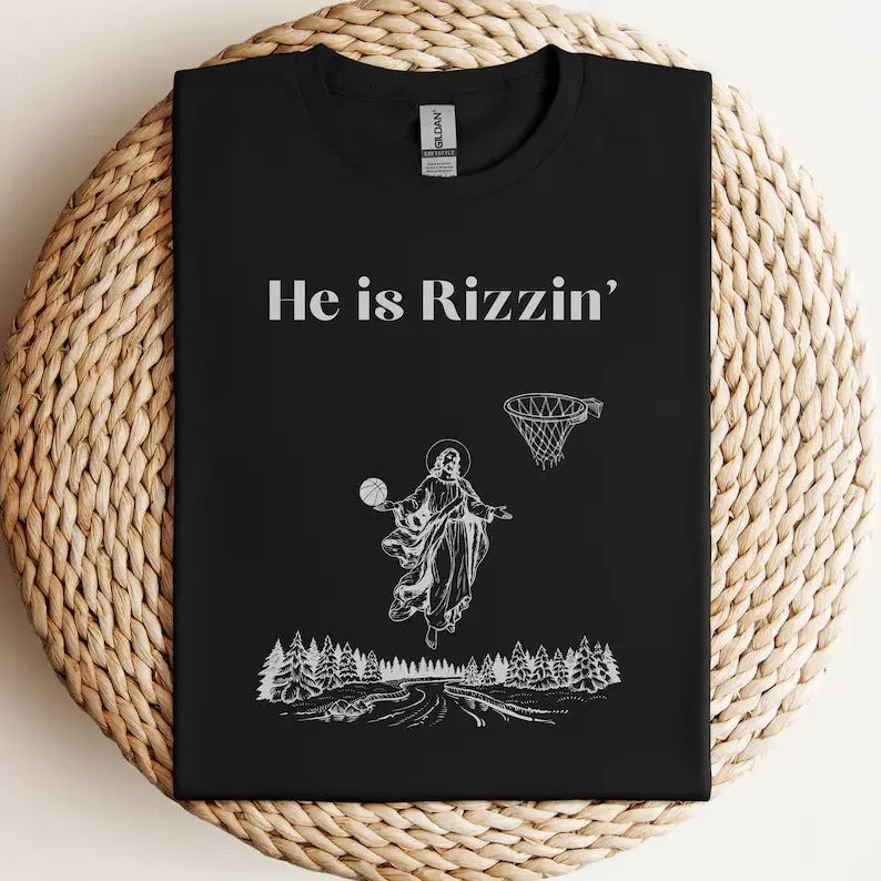 He Is Rizzin' Easter Basketball Tee, Funny Jesus Hoops Shirt, Hilarious Holiday Apparel Hoodie, Sweatshirt