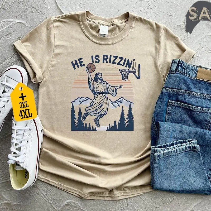 He Is Rizzin' Funny Jesus Playing Basketball Shirt, Retro Y2K Christian Faith Tee Cotton Menswear Hoodie, Sweatshirt