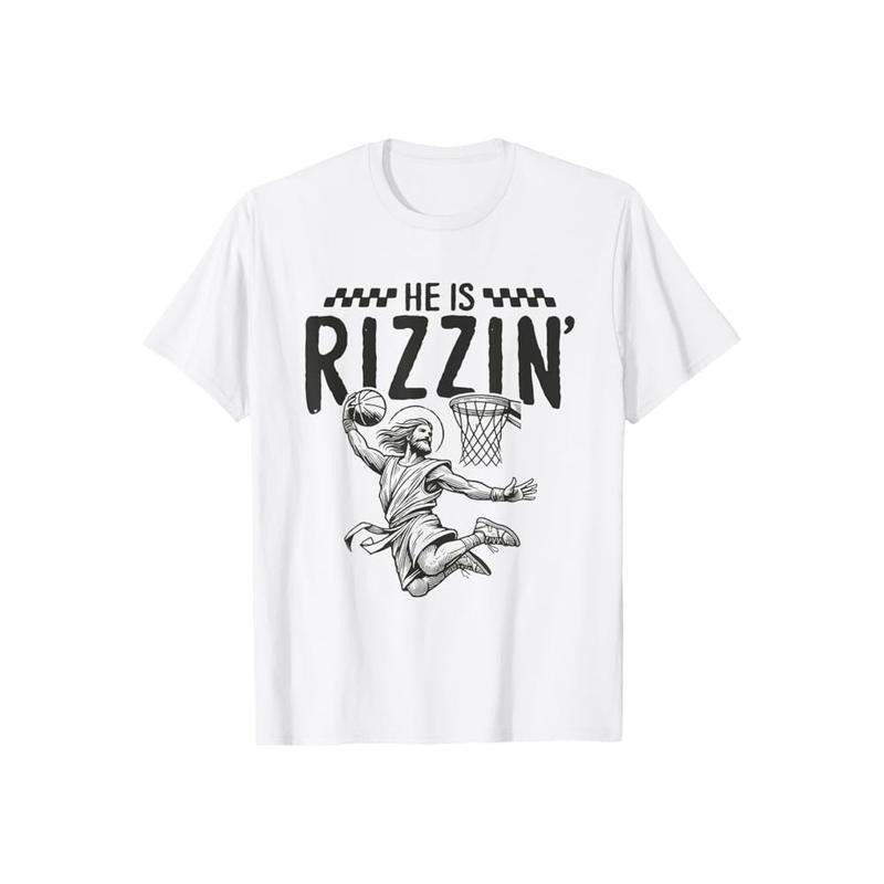 He Is Rizzin Easter Boys Basketball Jesus Shirt Casual Style Crew Neck Short Sleeve T-Shirt Tops Trendy for Unisex,...