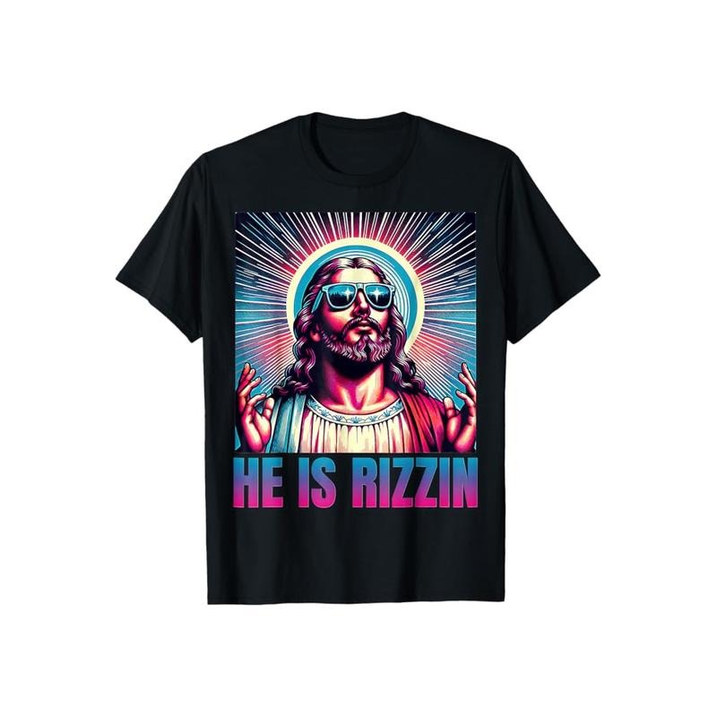 He Is Rizzin Jesus Tshirt Casual Style Crew Neck Short Sleeve T-Shirt Tops Trendy for Unisex, Perfect Gift Hoodie, Sweatshirt