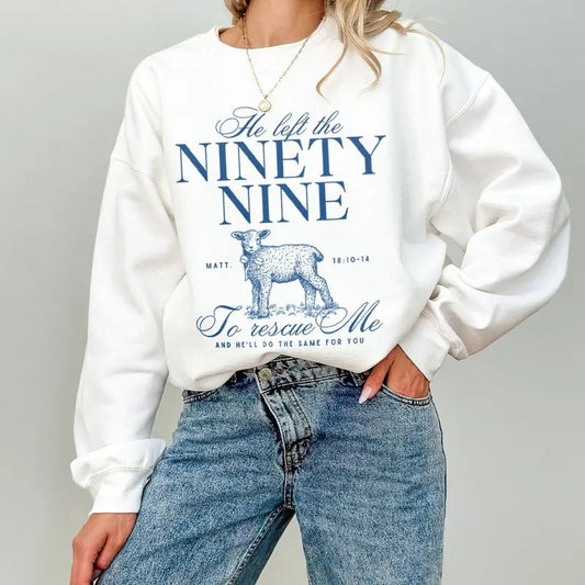 He Left The 99 To Rescue Me Bible Verse Crewneck, Blue Coquette Faith Based Clothing Cotton Polyester