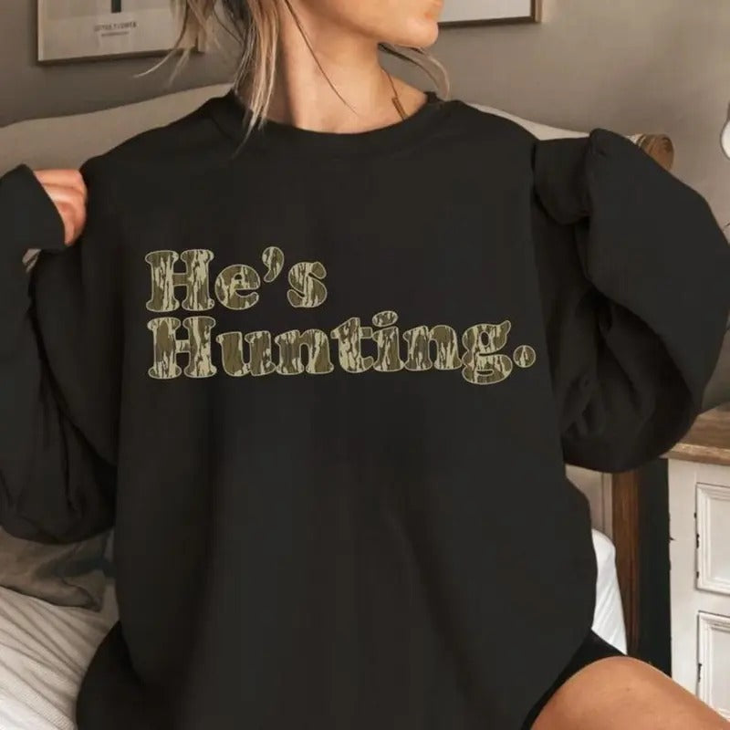 He is Hunting Camoflauge Bottomland Pattern Sweatshirt, Hunting Camo Unisex Sweatshirt T-Shirts, Hoodie | UrbanDripWear.com