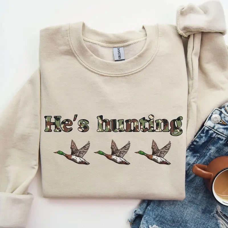 He is Hunting Ducks Camoflauge Bottomland Pattern Sweatshirt, Hunting Camo Unisex Shirt Hoodie | UrbanDripWear.com