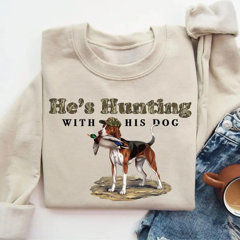 He's Hunting with His Pharaoh Hound Dog Unisex Crewneck Sweater, Hunting Camo Bottomland Duck Hunt Shirt Hoodie, Sweatshirt