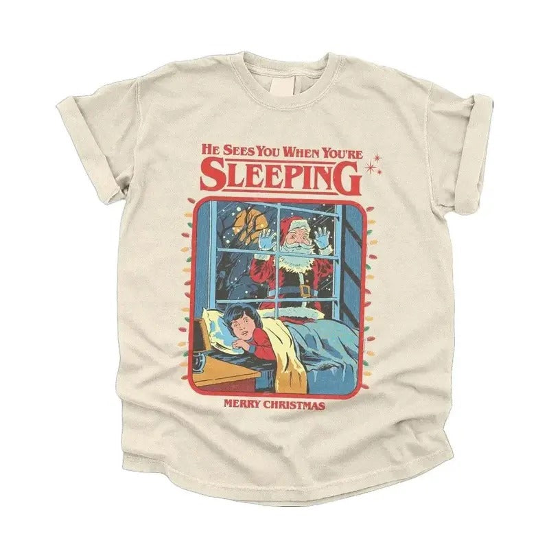 He sees you when you'ew Sleeping Christmas Shirt, Vintage Creepy Santa Claus T-Shirt, Funny, Retro 90s Graphic TShirts,...