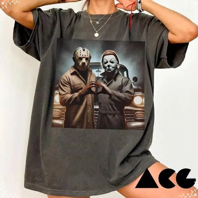 Heart Hand Horrow Movies Shirt, Michael Myers and Jason Voorheese Heart Hand Shirt, Horrow Character Shirt, Scary Spooky...