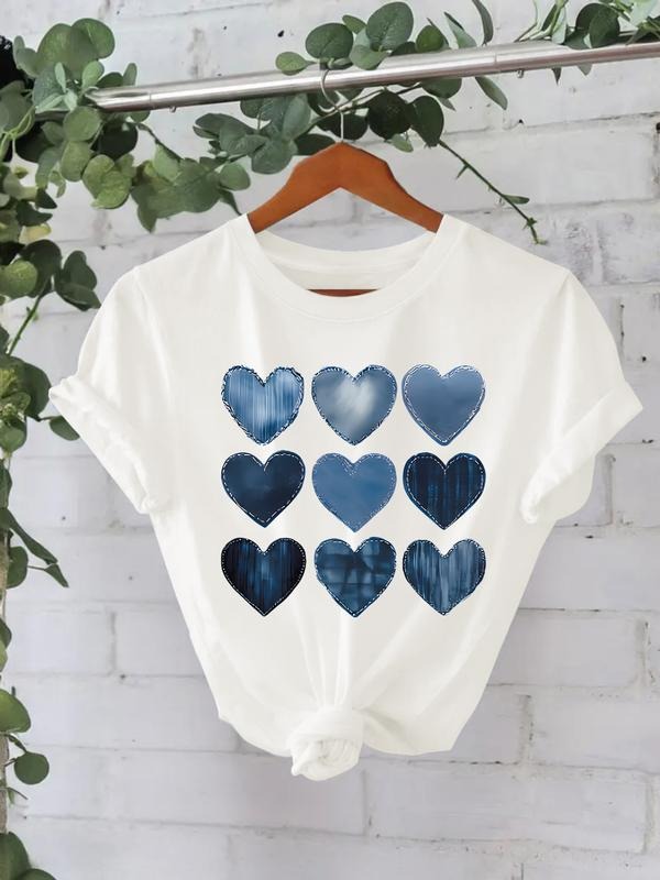 Heart Print Vintage Style Women's Summer Casual Sports Top, Round Neck Short Sleeve T-Shirt, Comfortable Breathable Fit...