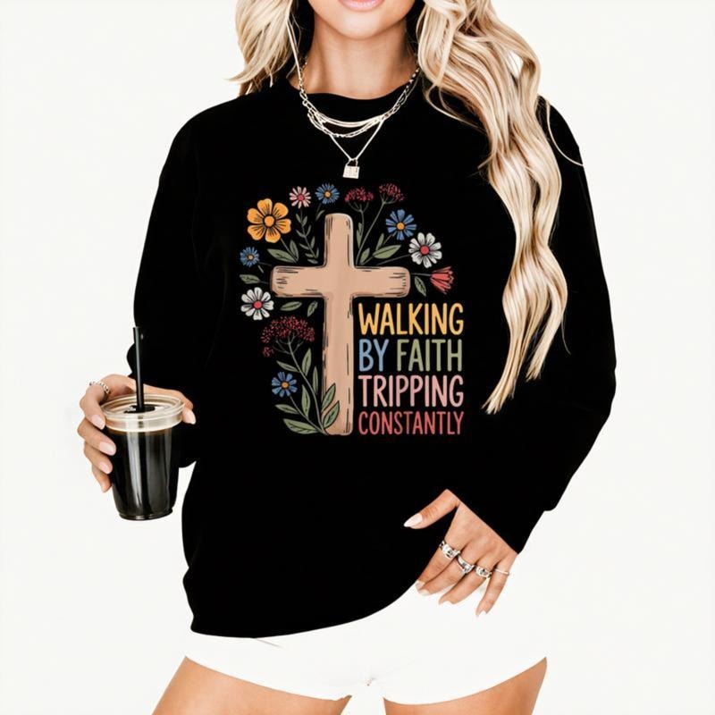 Heavy-duty stamping Unisex sweatshirt Couple clothing Fashion clothing Cross With Flowers And Text Walking By Faith...