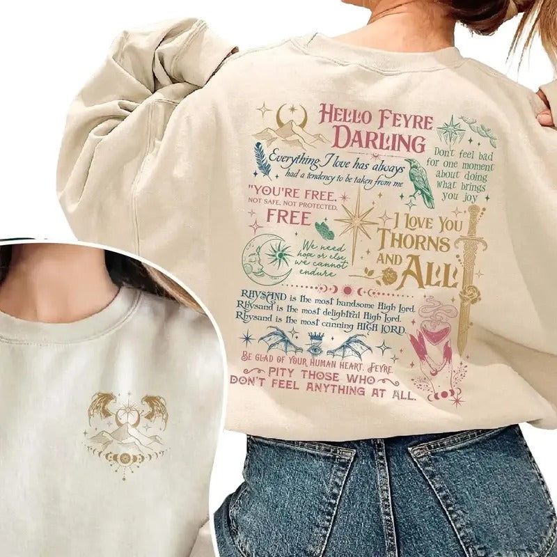 Hello Feyre Darling Double-sides Shirt, Acotar Fan Sweatshirt, Velaris City Of Starlight Sweatshirt, House Of Wind Shirt...