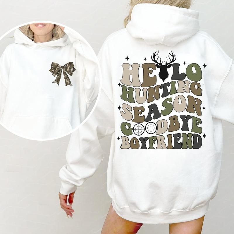 Hello Hunting Season Goodbye Boyfriend Camo Coquette Bow 2 Sides Sweatshirt, Girls Camo Bow Shirt Hoodie | UrbanDripWear.com