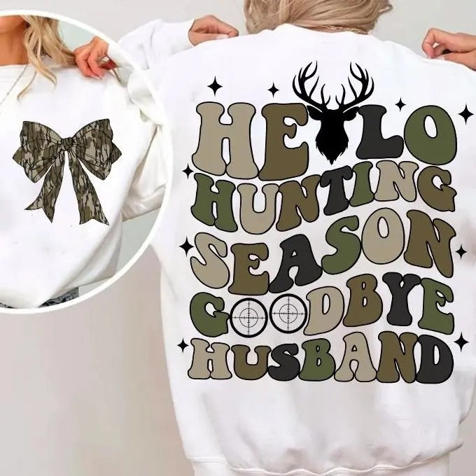 Hello Hunting Season Goodbye Husband Camo Coquette Bow 2 Sides Sweatshirt, Girls Camo Bow Shirt Hoodie | UrbanDripWear.com