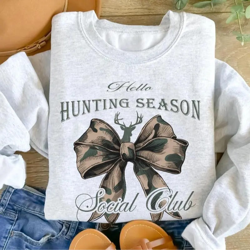 Hello Hunting Season Sweatshirt, Social Club Camo Hunting Coquette Bow Shirt Classic Menswear Hoodie | UrbanDripWear.com