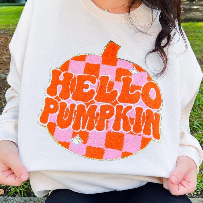 'Hello Pumpkin' Letter Patch Sweatshirt T-Shirts, Hoodie | UrbanDripWear.com
