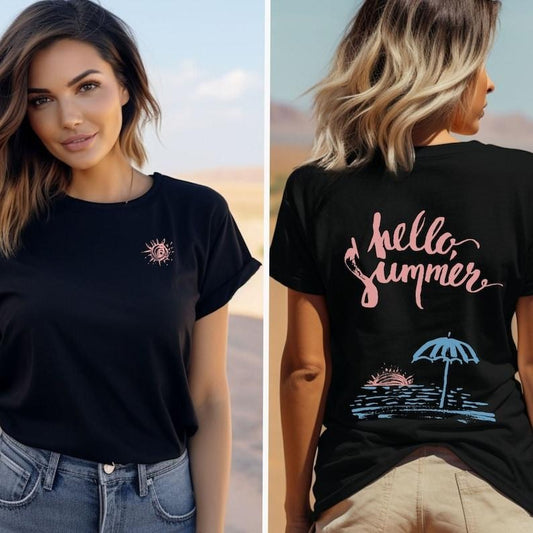 Hello Summer Beach Vibes Shirt | Beach Lover Tee with Words on Back | VSCO Girl Aesthetic Beach Shirt