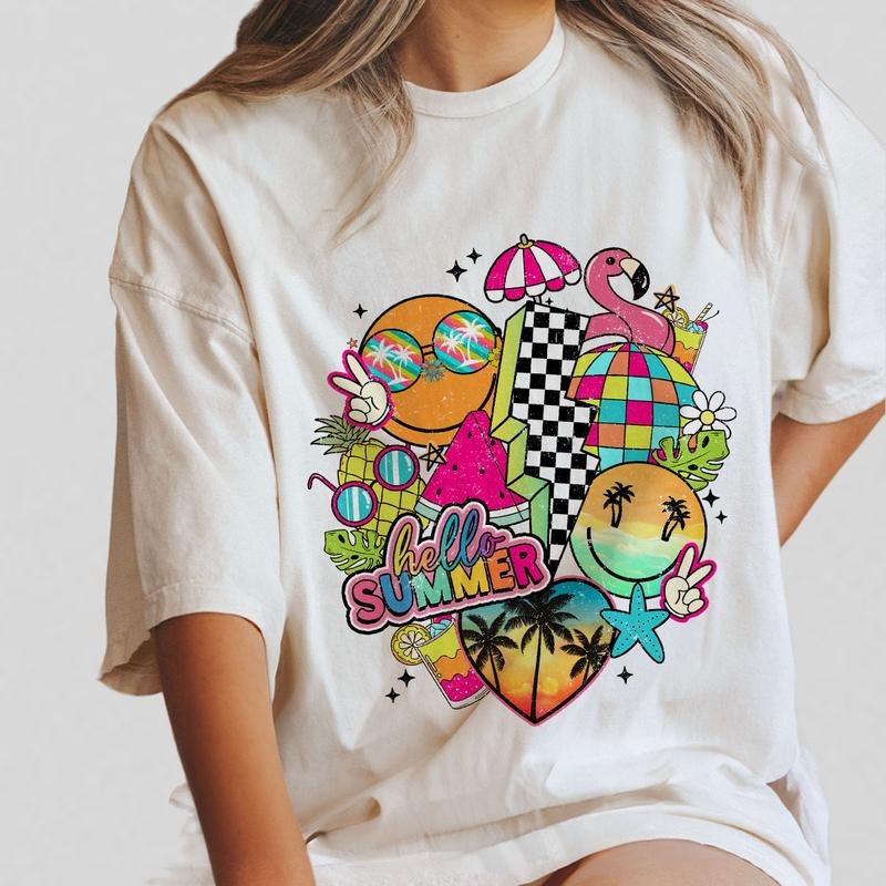 Hello Summer Shirt, Retro Summer T-shirt, Colorful Summer Shirt For Her, Summer Welcome Outfit, Colorful Holiday T-Shirt,...