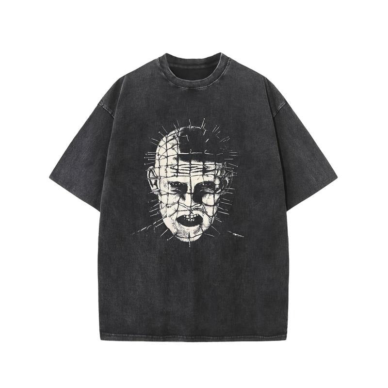 Hellraiser Street Style Horror pattern Vintage Wash High quality cotton Round Crew Neck Short Sleeve Tee, casual T-Shirt,...