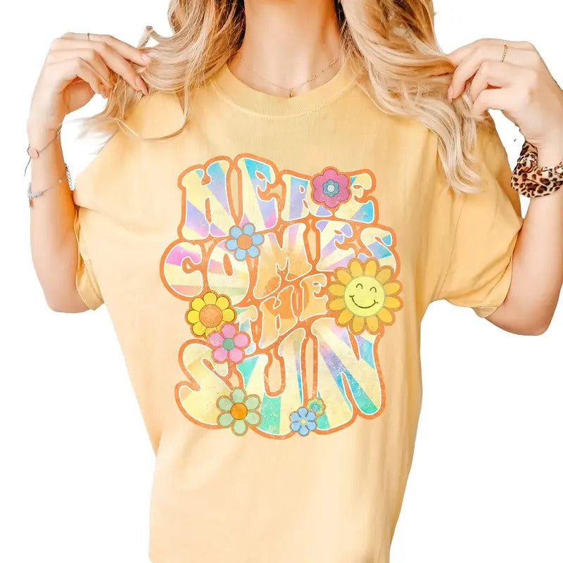 Here Comes The Sun Shirt, Retro Style T Shirt, Hippie Tee, Vintage Inspired Cotton T Shirt, Trendy Summer Tee Shirt,...