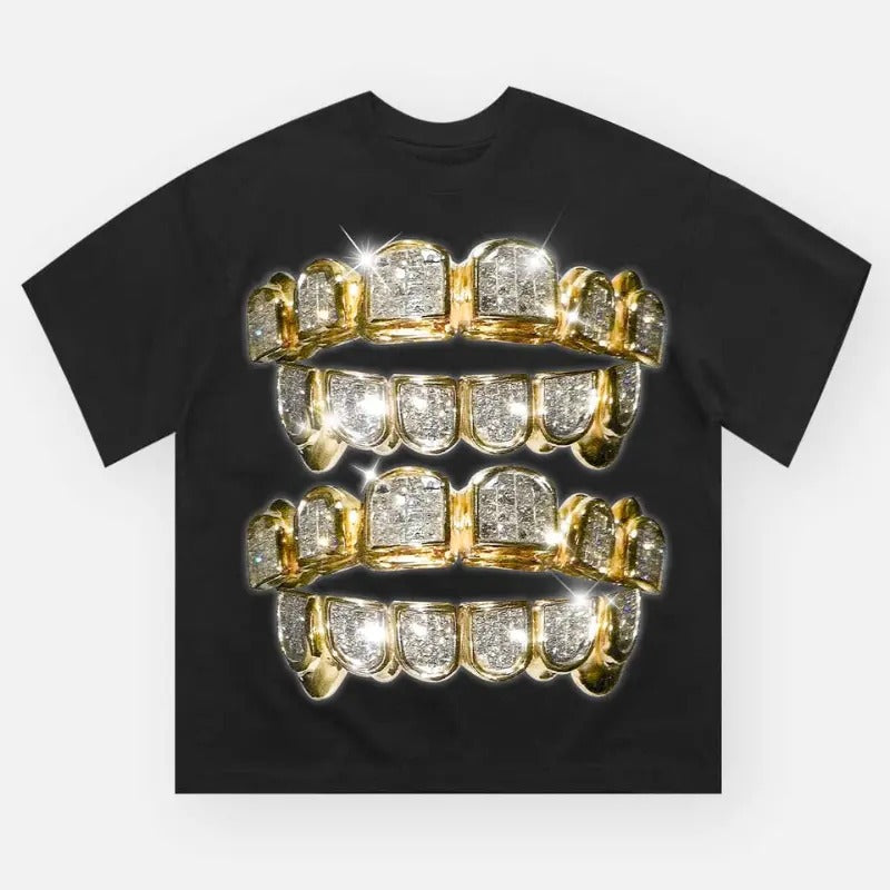 High quality Gold & Diamond Grills Print T-Shirt, Y2k Clothing, Unisex Cotton Crewneck T-Shirt