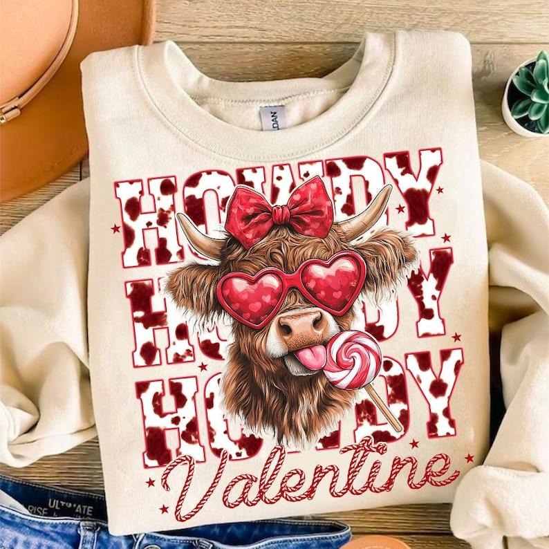 Highland Cow | Retro Valentine Coquette Sweatshirt | Heart Western Designs T-Shirts, Hoodie | UrbanDripWear.com