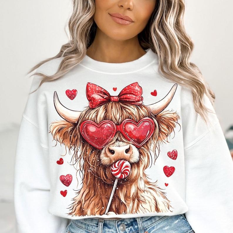 Highland Cow Coquette Valentine's Day Sweatshirt Retro Valentine , Valentine Heart , Love , s T-Shirts, Hoodie